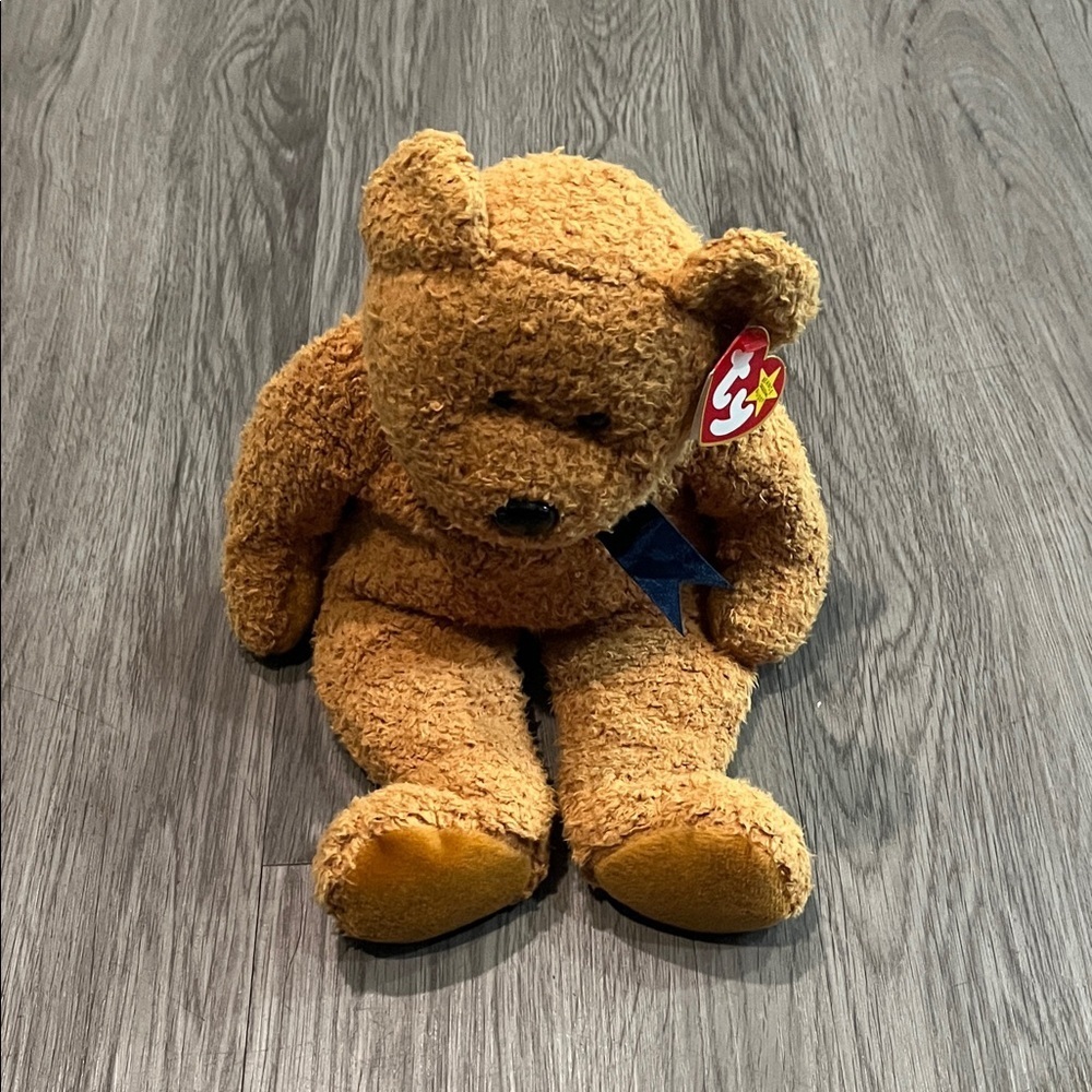 Ty Plush Tan Teddy Bear with Blue Ribbon